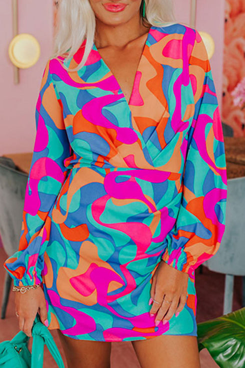 Multi-Color Abstract Print Wrap V Neck Puff Sleeve Dress